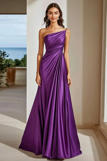 Purple A Line One Shoulder Satin Formal Dress